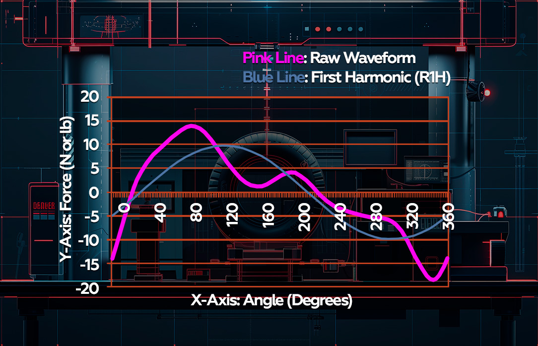 Raw Waveform and First Harmonic (R1H) Comparison for Tire Uniformity